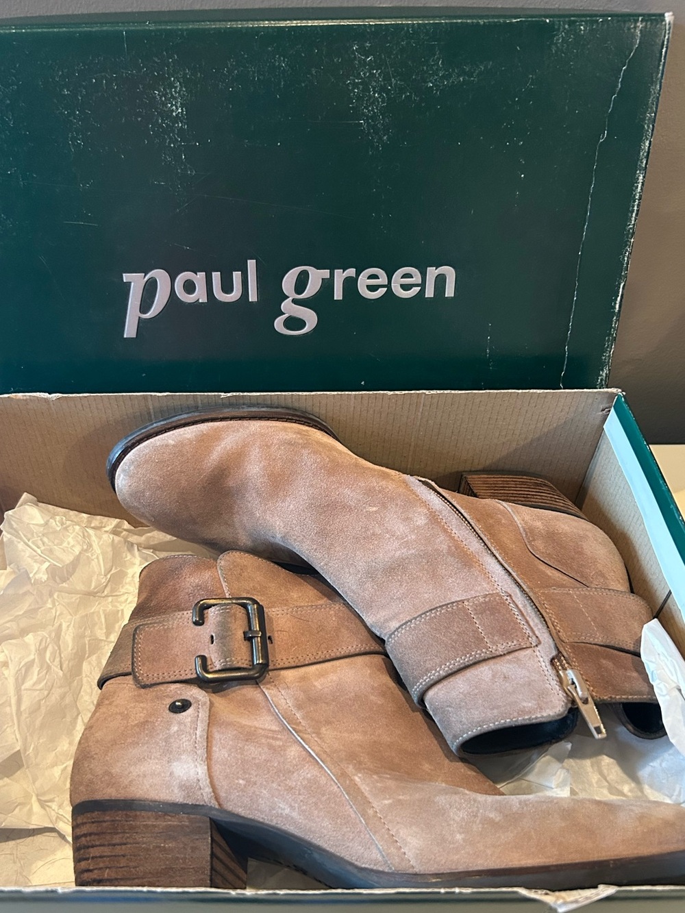 Paul Green JANO Bootie Moto Buckle Ankle Boots Tan Suede